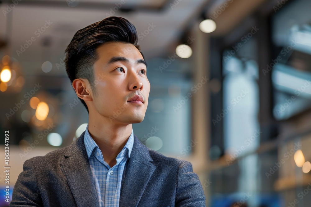 Obraz premium Young Asian man standing in a corporate office, showcasing elegance and professionalism.