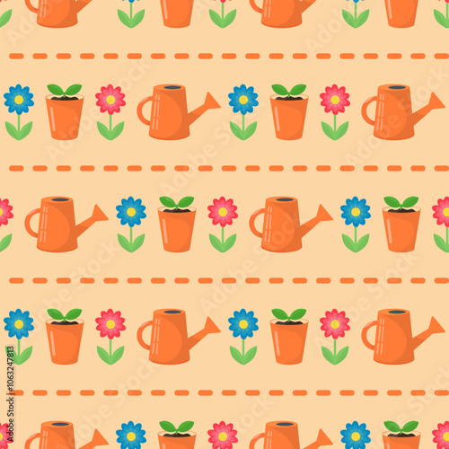 Colored items for gardening. Watering can, flower pot, flower isolated on a peach color  background. Seamless pattern. Background for textile, paper, cover, interior decor.
