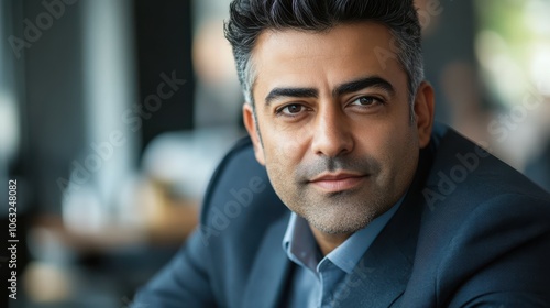 In this close-up portrait, you see a confident middle-aged Indian or Latin American businessman in a suit sitting in a formal setting.