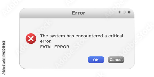 Error sign on computer window. System failure notification. Problem with Computer.