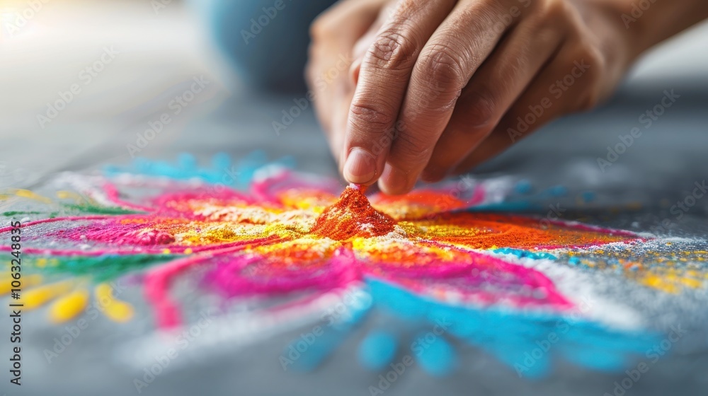 A person is creating a colorful rangoli design using vibrant powders on a dark surface, showcasing artistic skill and cultural tradition. A person is creating a colorful rangoli design using vibrant powders on a dark surface, showcasing artistic skill and cultural tradition.