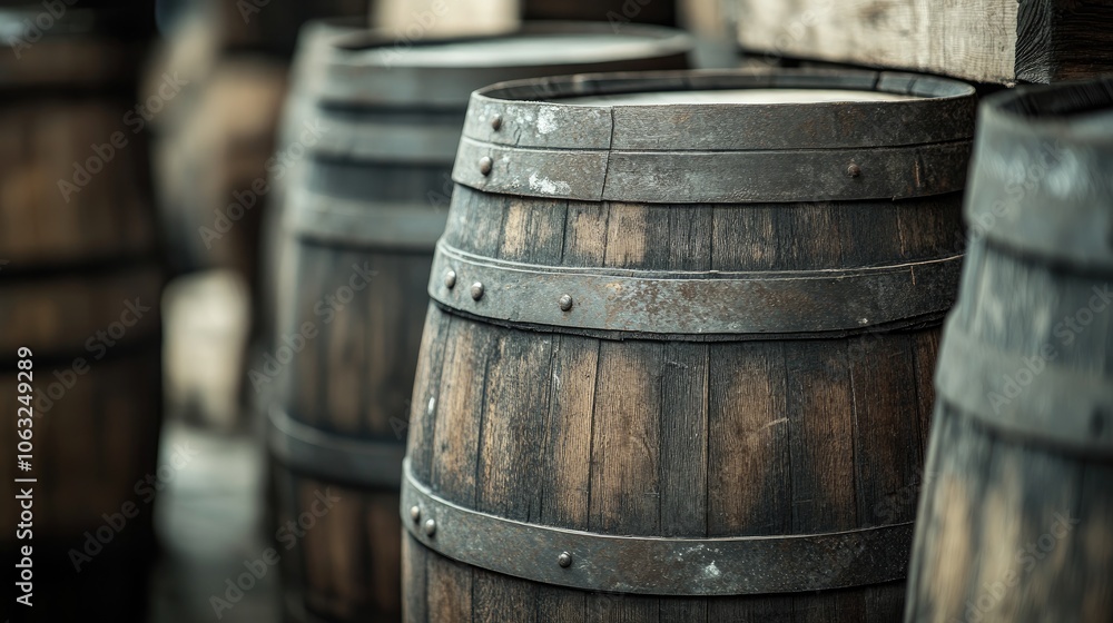 Close up of stacked rustic wine barrels in a cellar setting Close up of stacked rustic wine barrels in a cellar setting