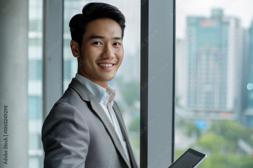 Young Asian man standing in a corporate office, showcasing elegance and professionalism. Young Asian man standing in a corporate office, showcasing elegance and professionalism.