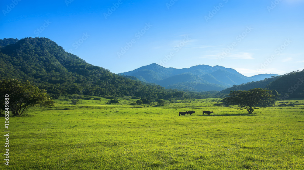 A lush, organic beef farm with cattle grazing freely on expansive green fields under a clear blue sky, set in a sustainable environment A lush, organic beef farm with cattle grazing freely on expansive green fields under a clear blue sky, set in a sustainable environment
