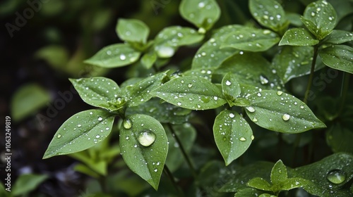 Close up of raindrops on lush green leaves showcasing a beautiful macro composition that captures the essence of growth and freshness