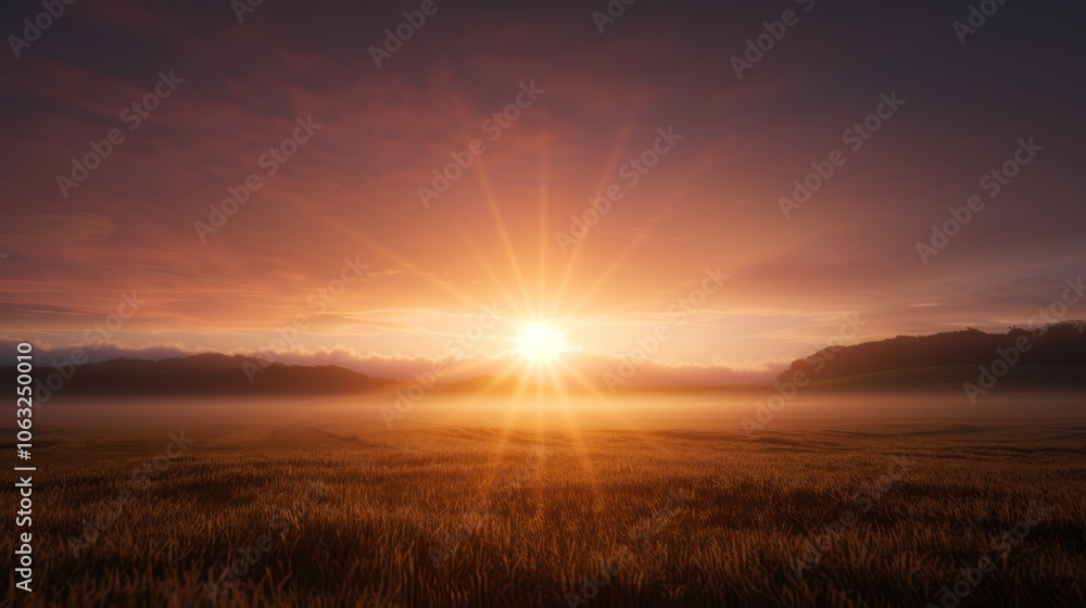 A serene sunrise over a misty field, illuminating the sky with warm colors and creating a peaceful atmosphere. A serene sunrise over a misty field, illuminating the sky with warm colors and creating a peaceful atmosphere.