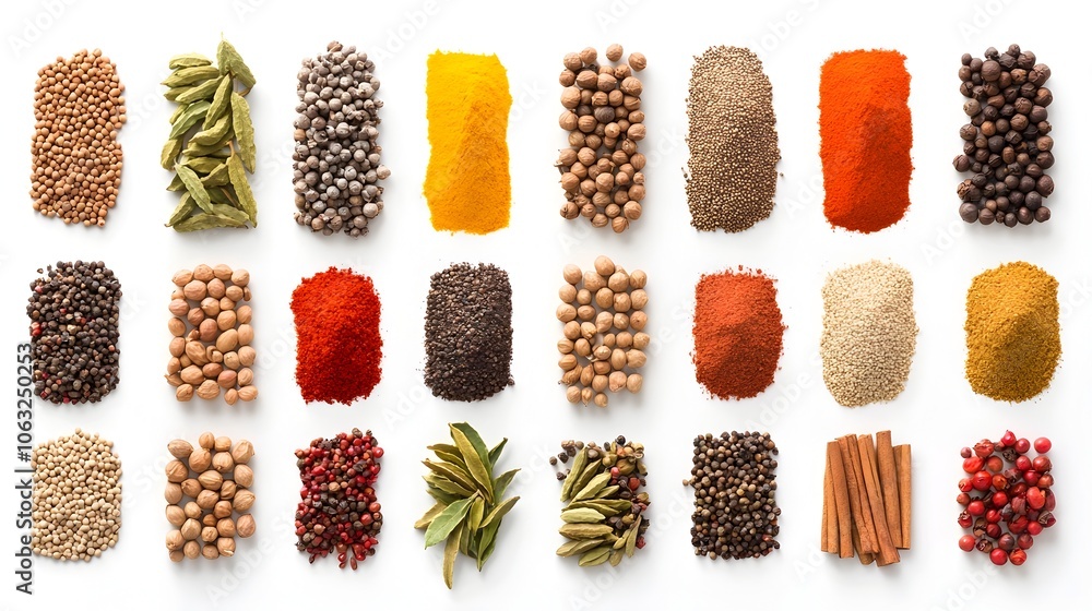 A stunning collection of various spices artfully arranged in a gradient color pattern A stunning collection of various spices artfully arranged in a gradient color pattern