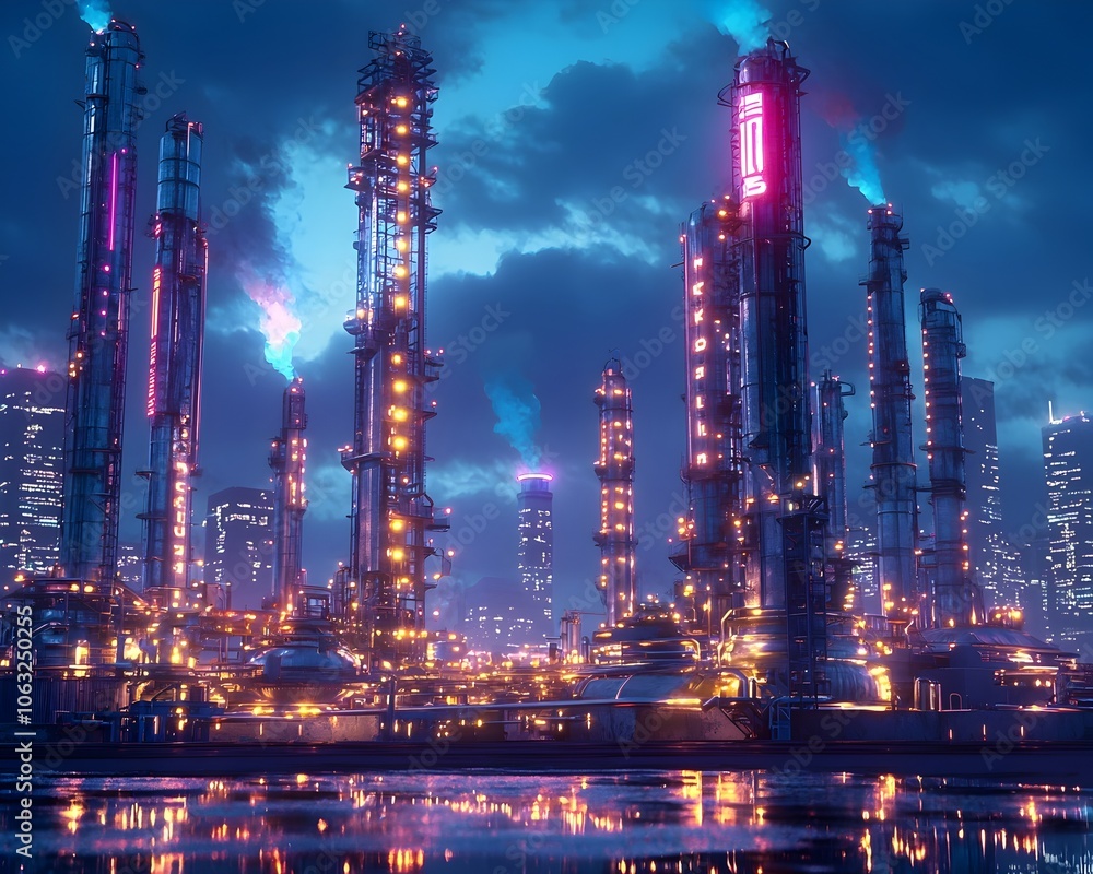 Fototapeta premium Futuristic Glowing Oil Refinery Cityscape with Sleek Metallic Structures under Neon Lights
