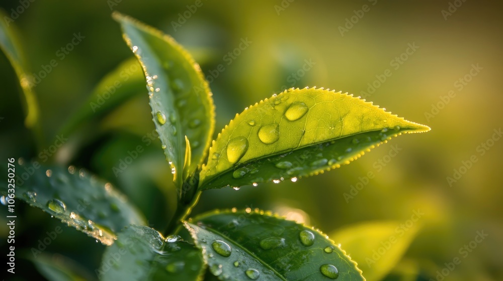 Close up of a vibrant tea leaf adorned with dewdrops amidst a thriving plantation illuminated by soft morning light Close up of a vibrant tea leaf adorned with dewdrops amidst a thriving plantation illuminated by soft morning light