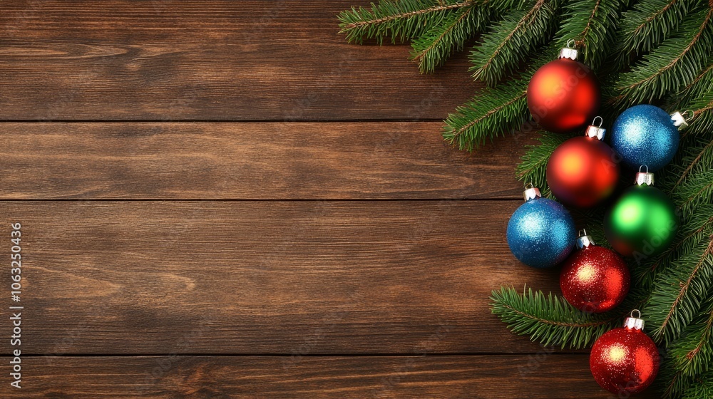 Christmas ornaments and pine branches on a wooden background. Christmas ornaments and pine branches on a wooden background.