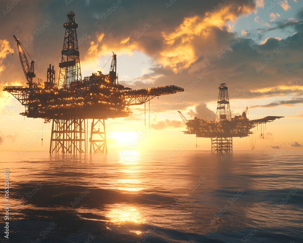 Offshore Oil Rigs Silhouetted Against Dramatic Sunset Skyline Over Calm Oceanic Seascape Offshore Oil Rigs Silhouetted Against Dramatic Sunset Skyline Over Calm Oceanic Seascape