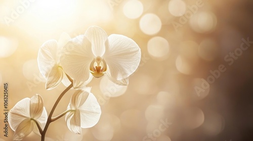 Close up view of an orchid bloom illuminated from behind revealing delicate petal patterns A beautiful floral texture on a light backdrop highlights nature s intricate design photo