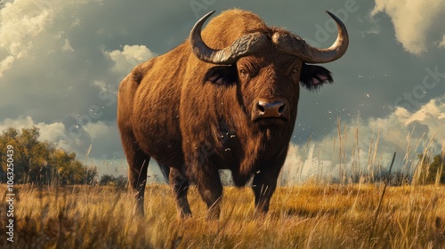 large brown buffalo is standing in a field of tall grass.