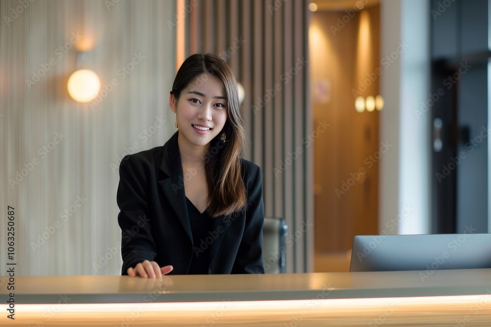 Young smiling Asian female receptionist is looking at the camera at a ...