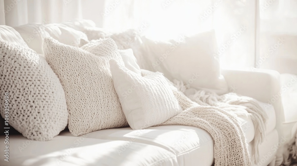 Cozy white couch adorned with pillows and a blanket featuring a banner with ample copy space Cozy white couch adorned with pillows and a blanket featuring a banner with ample copy space