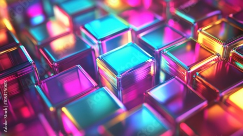 Abstract 3d background wallpaper with glass squares with colorful light emitter iridescent neon holographic gradient. Design visual element for banner header poster or cover.