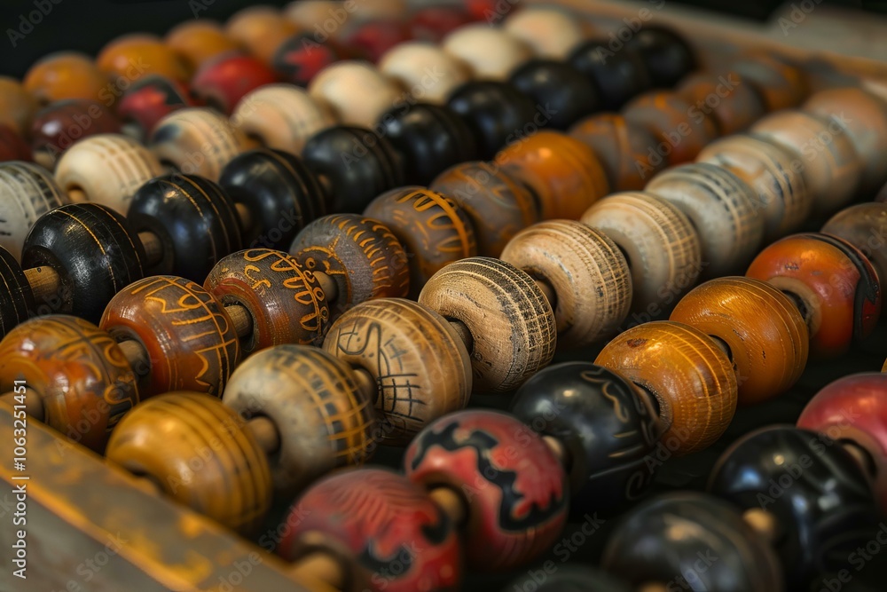 Wooden beads of an abacus slide on dowels, showing the wear and tear of repeated use for counting and calculating Wooden beads of an abacus slide on dowels, showing the wear and tear of repeated use for counting and calculating