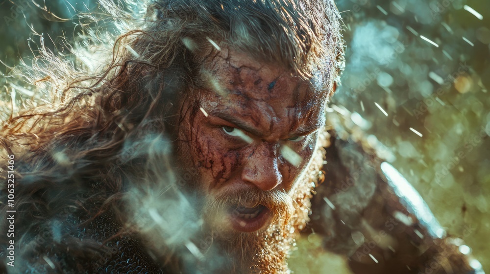 Obraz premium Fearless Viking Warrior Charging into Battle with Flowing Hair and Intense Expression | Ultra-Detailed Historical Battle Scene