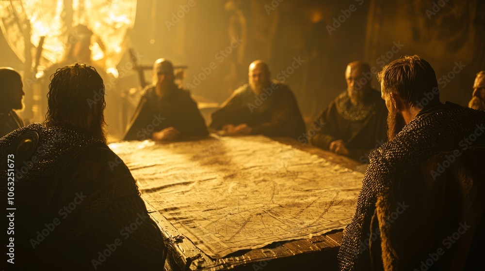Obraz premium Intense Viking War Council in Session: Strategic Planning Among Warriors with Maps and Battle Plans - Ultra-Detailed Historical Reenactment