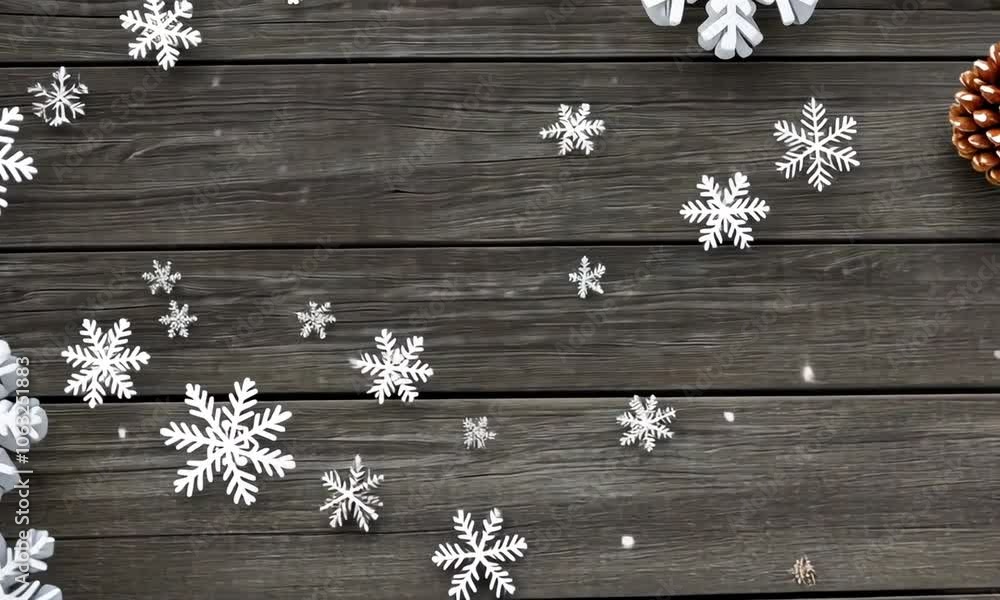 Winter wonderland decoration on rustic wooden surface with pinecones and snowflakes creating a cozy atmosphere Winter wonderland decoration on rustic wooden surface with pinecones and snowflakes creating a cozy atmosphere