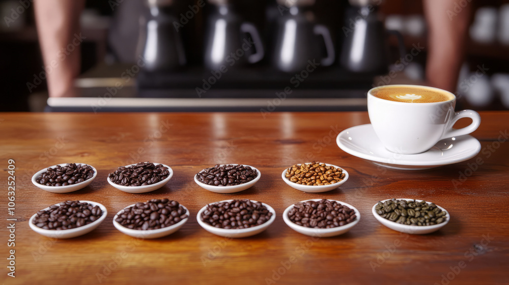 A wooden table adorned with various coffee beans in different shades, alongside a freshly brewed espresso in an elegant cup and saucer A wooden table adorned with various coffee beans in different shades, alongside a freshly brewed espresso in an elegant cup and saucer