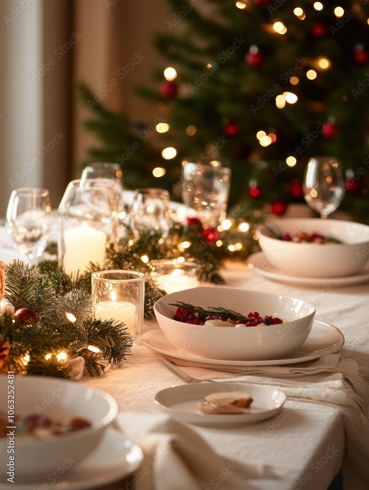 The table is elegantly decorated with Christmas dishes, enhanced by garlands and shining candles, perfect for holiday gatherings. Generative AI The table is elegantly decorated with Christmas dishes, enhanced by garlands and shining candles, perfect for holiday gatherings. Generative AI