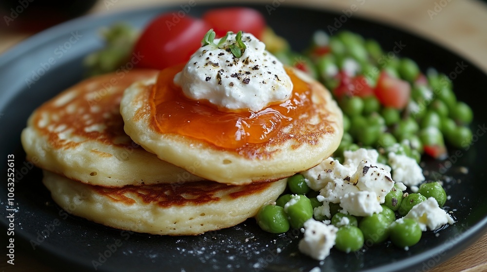 Small, golden-brown pancakes, about 2-3 inches in diameter, arranged in a neat stack or scattered on the plate. Topped with a dollop of apricot jam. a side of mixed peas and feta. ,generative ai Small, golden-brown pancakes, about 2-3 inches in diameter, arranged in a neat stack or scattered on the plate. Topped with a dollop of apricot jam. a side of mixed peas and feta. ,generative ai