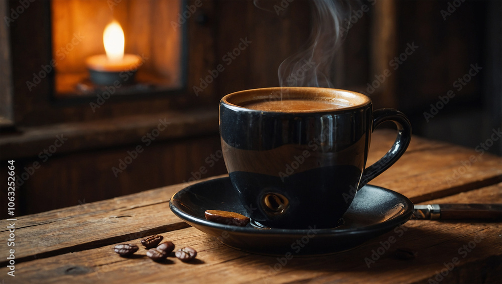 Hot black coffee in a ceramic mug, placed on a rustic wooden table with a cozy, warm background. Hot black coffee in a ceramic mug, placed on a rustic wooden table with a cozy, warm background.