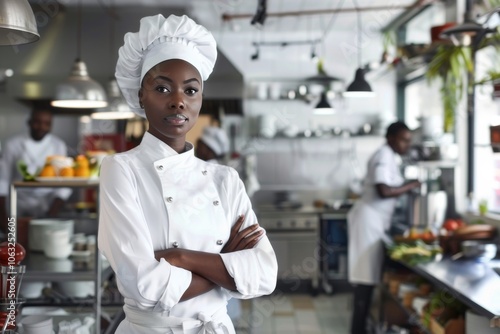 Fototapeta Naklejka Na Ścianę i Meble -  A young black female chef in the middle of a modern restaurant kitchen, arms crossed and looking confidently at the camera, embodies professionalism as a skilled chef in her twenties