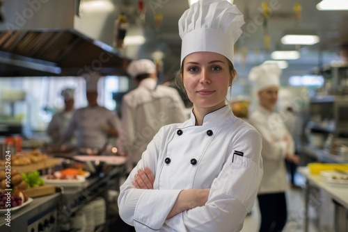 A young Caucasian female chef in the middle of a modern restaurant kitchen, arms crossed and looking confidently at the camera, embodies professionalism as a skilled chef in her twenties.