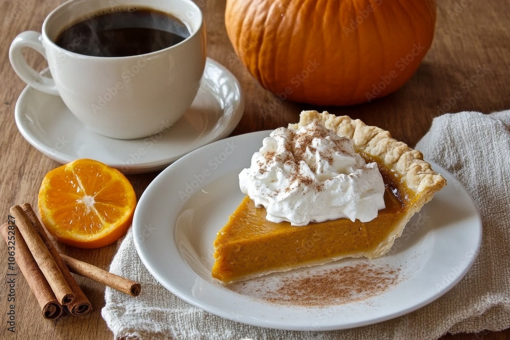 Pumpkin Pie: A single slice of pumpkin pie on a white plate, topped with whipped cream and garnished with a cinnamon stick and a sprinkle of nutmeg. 