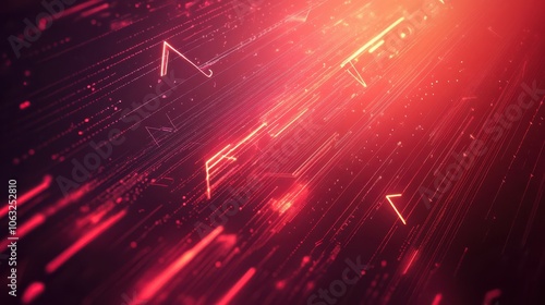 Digital bunch of glowing arrows up diagonally. Abstract boosting conception of high-speed Internet connection. Light low poly wireframe vector illustration on technology red background.