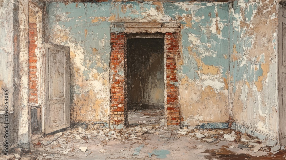 Deteriorating interior of a neglected structure featuring crumbling walls debris on the floor peeling paint revealing exposed bricks and damaged plaster throughout Deteriorating interior of a neglected structure featuring crumbling walls debris on the floor peeling paint revealing exposed bricks and damaged plaster throughout