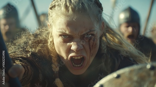 Battle-Ready Viking Shieldmaiden Inspiring Courage and Determination in her Troops with Fierce Gaze | Ultra-Detailed Historical Reenactment Photo