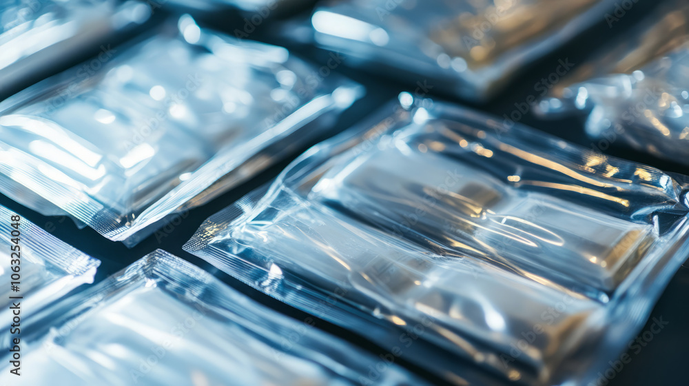 Close-up of plastic packs with different sizes and designs, emphasizing protection and durability, suitable for multiple consumer goods Close-up of plastic packs with different sizes and designs, emphasizing protection and durability, suitable for multiple consumer goods