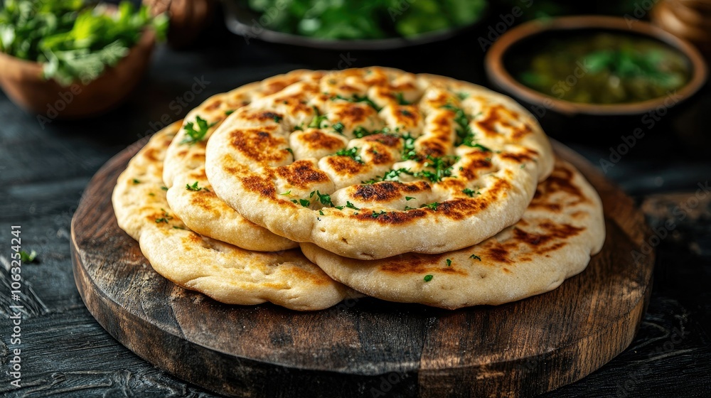 Freshly Baked Flatbreads with Herbs on Wooden Board Freshly Baked Flatbreads with Herbs on Wooden Board