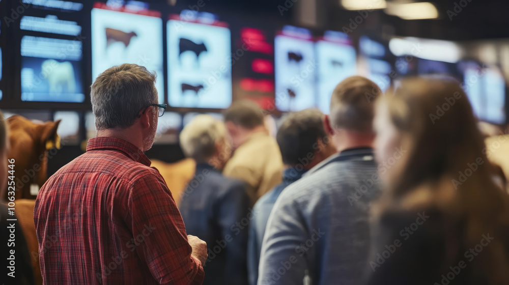 Livestock price competition event with screens displaying market rates, showing intense buyer and seller interactions Livestock price competition event with screens displaying market rates, showing intense buyer and seller interactions