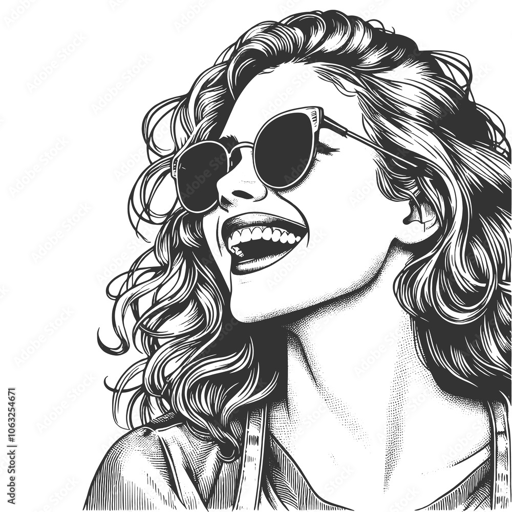 joyful woman with curly hair and sunglasses, capturing a relaxed, carefree vibe in a retro style sketch engraving generative ai raster illustration. Scratch board imitation. Black and white image. joyful woman with curly hair and sunglasses, capturing a relaxed, carefree vibe in a retro style sketch engraving generative ai raster illustration. Scratch board imitation. Black and white image.