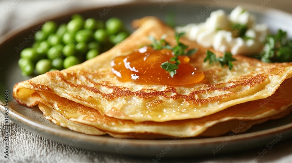 Small, golden-brown pancakes, about 2-3 inches in diameter, arranged in a neat stack or scattered on the plate. Topped with a dollop of apricot jam. a side of mixed peas and feta. ,generative ai Small, golden-brown pancakes, about 2-3 inches in diameter, arranged in a neat stack or scattered on the plate. Topped with a dollop of apricot jam. a side of mixed peas and feta. ,generative ai