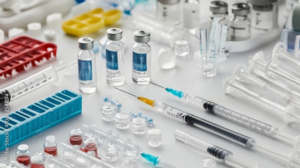 variety of medical injections displayed on a hospital table, showcasing different syringes, needles, and vials variety of medical injections displayed on a hospital table, showcasing different syringes, needles, and vials