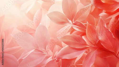 Delicate leaves create a vibrant floral background in shades of coral