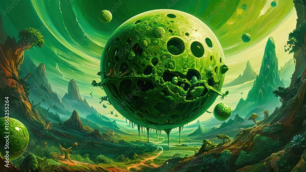 A vibrant alien landscape featuring a glowing green planet, surreal rock formations, and an ethereal atmosphere. Perfect for sci-fi and fantasy themes A vibrant alien landscape featuring a glowing green planet, surreal rock formations, and an ethereal atmosphere. Perfect for sci-fi and fantasy themes