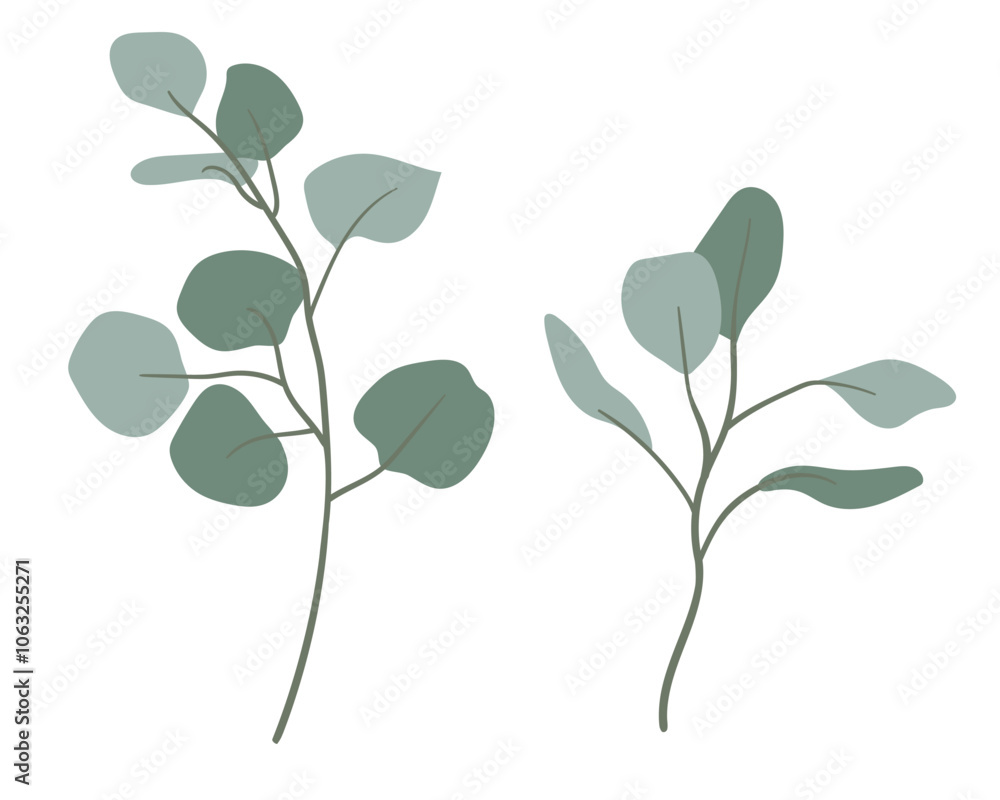 Green eucalyptus branches. Vector illustration of branches in flat minimalistic style. Clipart for invitations, weddings, cards, banners, websites. Green eucalyptus branches. Vector illustration of branches in flat minimalistic style. Clipart for invitations, weddings, cards, banners, websites.