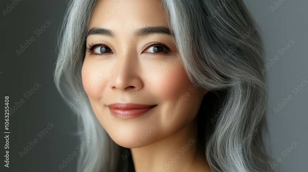 Naklejka premium Korean adult woman with smooth healthy face skin. Beautiful aging mature asian woman with gray hair and happy smiling touch face.