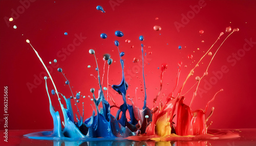 Colorful paint splashes blending in mid air floating or flying isolated on Clean Red background photo