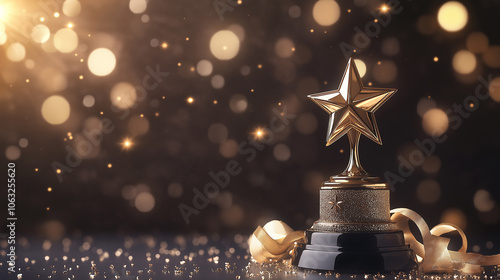 Gold star trophy in front of blur background with golden lights. Ideal for business employee of the month, success, award, product promotion, celebrate background.