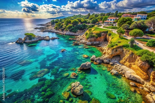 Rocky Rafina coastline, Greece. Breathtaking aerial panorama.