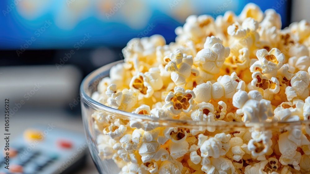 Close up of freshly popped popcorn in a glass bowl with a blurred television and remote in the background Close up of freshly popped popcorn in a glass bowl with a blurred television and remote in the background