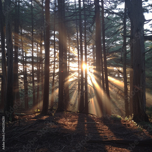 The sun's rays fall deep into a dense forest