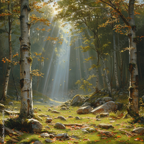 The sun's rays fall deep into a dense forest